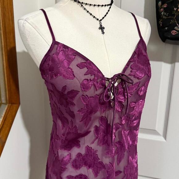 Y2K Secret Treasures Dark Plum Purple Sheer Mesh Floral Lace Up Mini Slip Dress - Picture 2 of 8